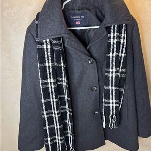 London Fog Charcoal Peacoat with Black & White Plaid Scarf